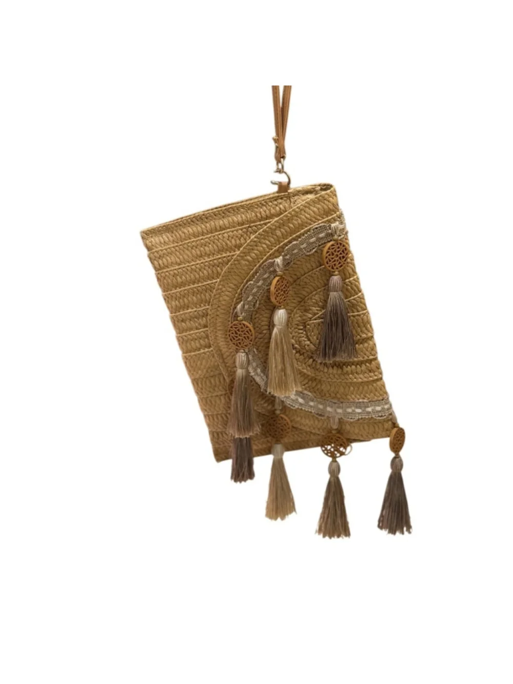 Boho Basket Woven Clutch Wristlet with Tassel Accents